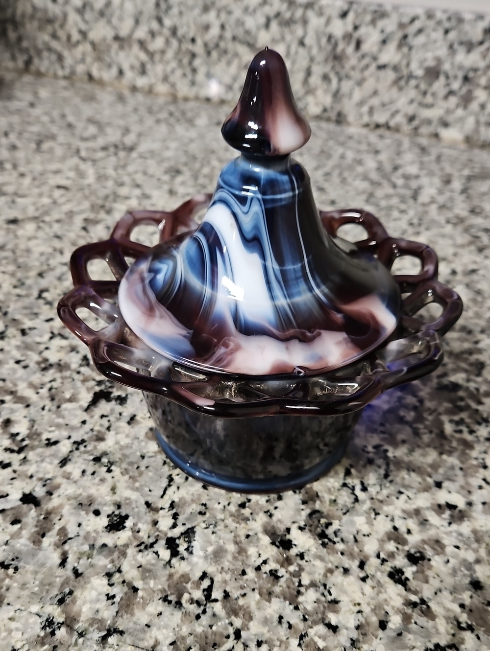 Vtg Imperial Glass Purple Slag Laced Edge Covered Candy Dish Lidded Bowl IG Mark